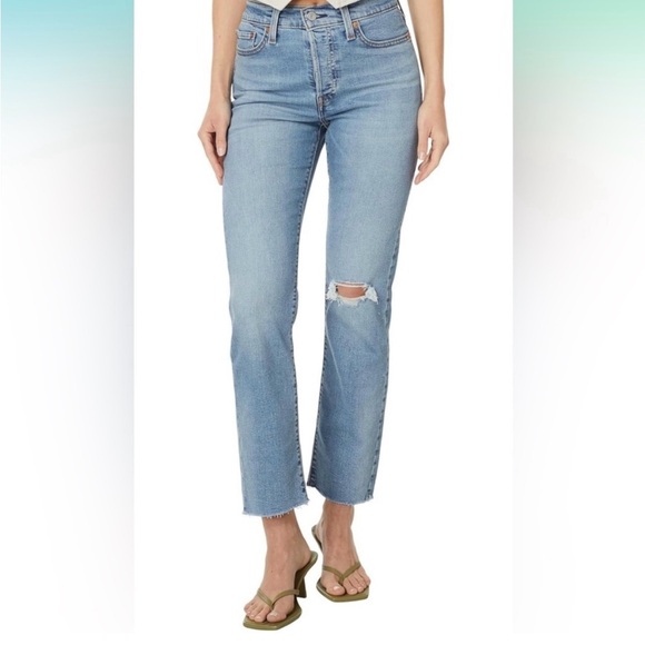 Levi's Wedgie‎ Straight Jeans Size 32 High-Rise Raw Hem Distressed Knee - Picture 1 of 12